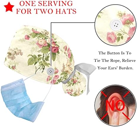 2 пакувања цветни цветни медицински сестри капаци жени долга коса, прилагодлива вратоврска череп капа, една големина на главата