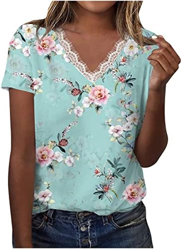 Летни цветни печатени маици за жени против вратот од капчиња чипка на врвови со кратки ракави блуза лабава обична секси маичка кошула