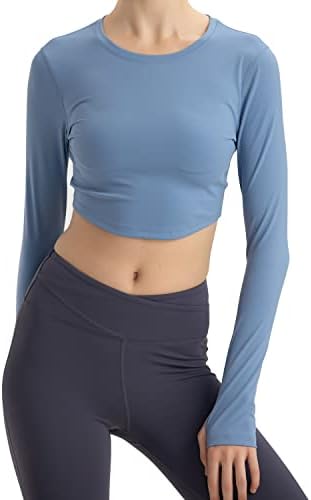 Феимакс долг ракав исечен врвови на женски тренингот Беспрекорен атлетски исечен салата јога кошула за жени тенок вклопување со дупка за палецот
