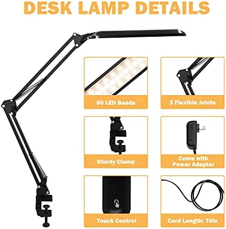 Gsblunie црна LED ламба, прилагодлива метална ламба за рака со прицврстувач, 3 режими на бои Stepless Dimming Architect Desk Light, Reading