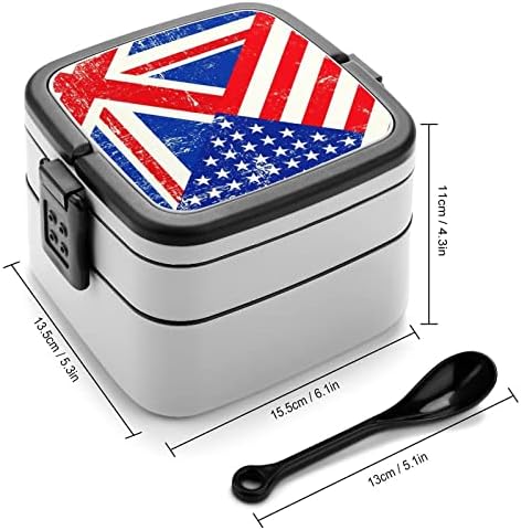 Британско И Американско Знаме Бенто Кутија Двослоен Се-Во-Едно Редење Контејнер За Ручек Со Лажица За Пикник Работа Патување