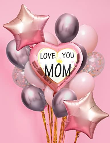 Среќен Ден На Мајката Балони Венец Комплет, 17 ПАРЧИЊА Розова И Метални Светло Розова Балони Со Розова Ѕвезда Балони, Те Сакам Мајка