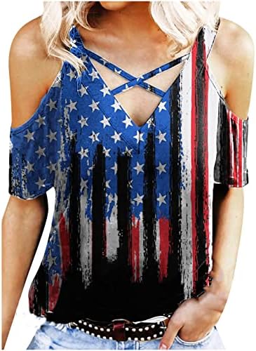 Womenенска кошула на 4-ти јули Патриотска Ден на независност на врвот на летните ладни рамо маици Крис Крст V вратот блуза