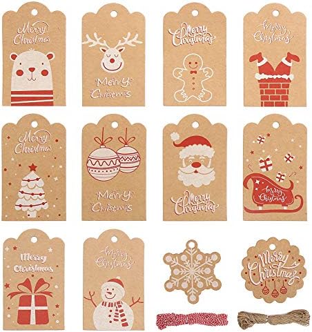 CCINEE Christmas Hang Hang Tags, ознака за хартија од Xmas Kraft со низа од канап за занаетчиски занаети со подароци, 120 парчиња