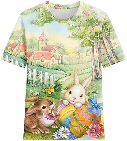 Среќни Велигденски маички за жени лето слатко зајачко графичко писмо печати врвови лабави удобни кратки ракави христијански кошули