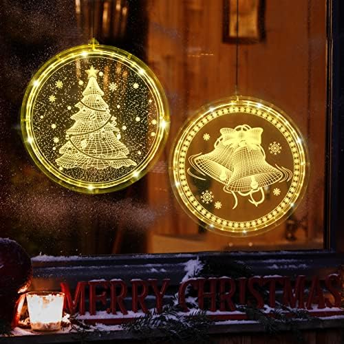Божиќна декоративна светлина на прозорецот, 2 пакувања 3Д -позадини на задниот дел на позадината w/ новогодишна елка и bellвонче Божиќна