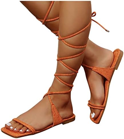 WASHERCE жени летни модни дами мода цврста боја лето тенка лента комбинација рамна чипка од сандали широки сандали за жени удобност （,