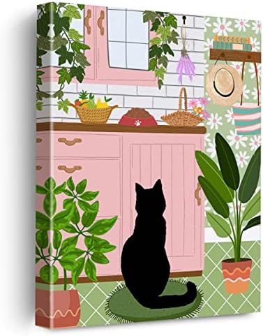 Црна мачка во розовите кујнски растенија плака за сликање wallидна уметност, бохо ботаничка црна мачка слика уметнички дела врамени печатење подготвени да висат за ?