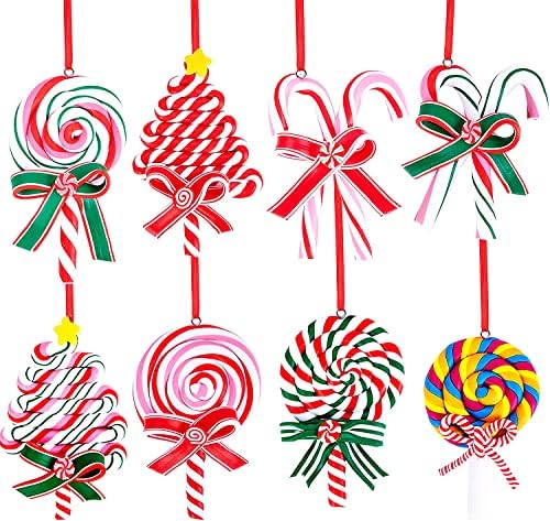 8 парчиња Божиќни украси за лижавки, божиќни бонбони полимер глинарс, бонбони за бонбони трска висечки украси, слатки бонбони приврзоци за забава