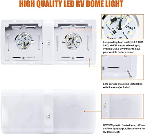 Facon 12V LED RV Filter Light Filers со Int & Off Switch, 4000k Nature White, 12Volts DC Double Dome под светло на кабинетот, користете за RV Motor-Homes Camper Caravan Trailer Boat