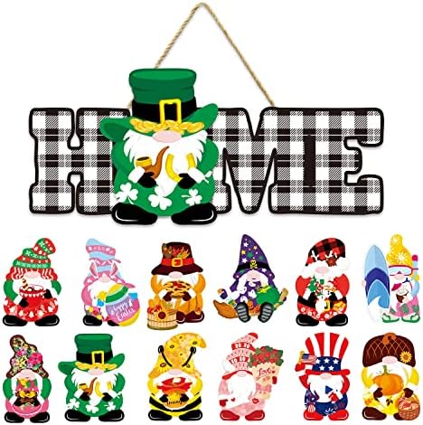Cakirots gnome Добредојдовте знак со заменливи 12 парчиња Gnomes украси за дома, в Valentубени, Велигден, Денот на независноста, Денот на независноста на Денот на Денот на Свети П