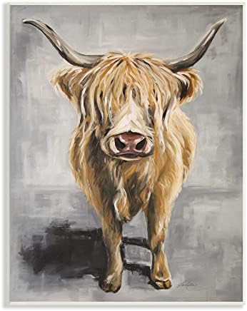 Sumpleple Industries Shaggy Longhorn говеда портрет рустикален сиво кафеав сликарски wallиден плакета, 10 x 15
