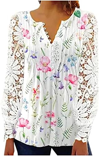 Женски летни туники врвови цветни печати v копче за вратот, ја уништи маицата чипка шуплива долга ракав блузи