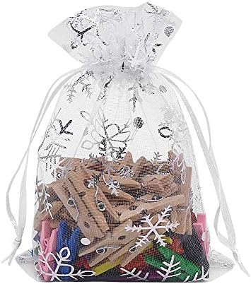 HRX Пакет 100 парчиња Торби За Подароци Од Органза Од Снегулка Божиќ 3,5 x 4,7 инчи, Мали Торбички За Накит Од Бела Мрежа Малку Торби За Бонбони Со Врвки