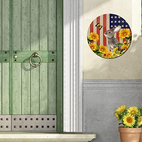 Тркалезен метален калај знак изморени патриотски американски starsвезди и ленти знаме зајак и сончогледи рустикална просторија бар