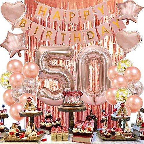 50-Ти Роденденски Украси За Жени Розово Злато Среќен 50-Ти Роденден Банер 50 Балон Број 50 Украси За Роденденски Забави