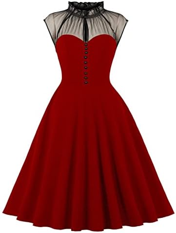 HCJKDU Women'sенски винтиџ фустан од 50 -тите години, исмејуван врат, формални матурски фустани, фустани за замав клуб, ретро вечер фустан