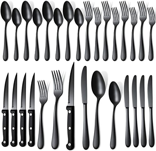 Моретос 24 парчиња црн сребрен сад сет со бифтек ножеви за 4, сет за прибор за јадење од не'рѓосувачки челик, огледало полирани плочи
