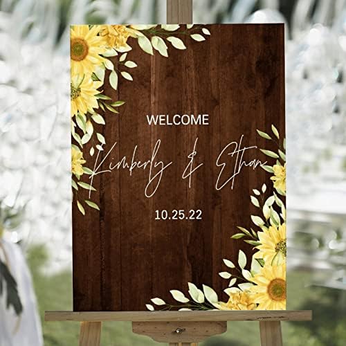 Жолта сончогледна гроздобер кафеава табла свадба добредојде знаци добредојде на нашето свадбено име датум датум дрво свадба добредојде,