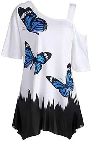 Womenените ладни маички со рамо, пеперутка печати лето плус големина на врвови со кратки ракави маица лабава обична фустани блузи туники