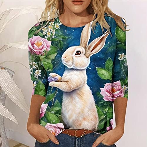 Велигденска кошула за зајаче за жени 2023 гроздобер цветни 3/4 ракав О вратот модни обични кошули блузи кратки жени