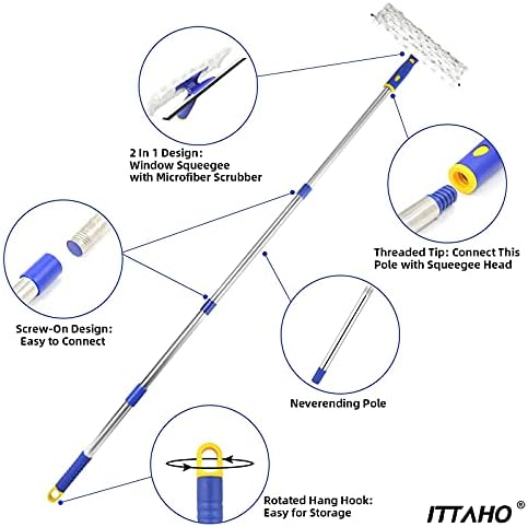 Итахо мулти-употреба четка за чистење на подот со долга рачка, прозорецот за прозорец и микрофибер чистач со 53 столб од не'рѓосувачки челик