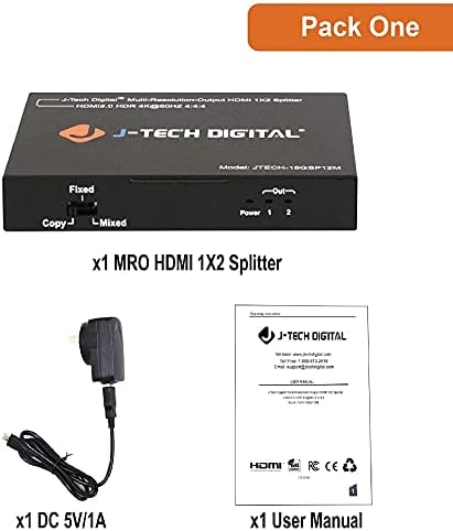 J-Tech Digital Scaler/Multi-резолуција излез 18Gbps 1x2 HDMI 2.0 Splitter HDR10/Dolby Vision 4K@60Hz 4: 4: 4 пакет со HDMI кабел 3ft 2 пакет