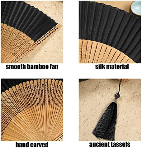 Елегантен вентилатор за виткање на рака | Фан од бамбус свила со Тасел | Гроздобер кинески јапонски стил -партиски свадбени танцувачки перформанси