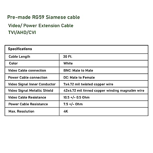 30 ft Пред-изработен RG59 Сијамски кабел TVI/AHD/CVI Видео/Енергетски продолжение 4K кабел, BNC: Машко до машки, DC: Машко до женско,