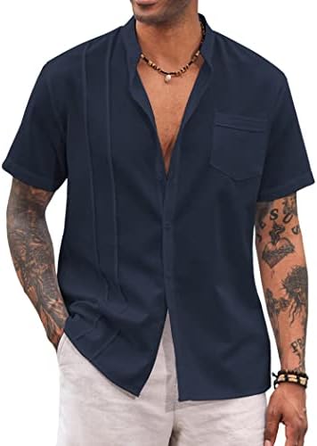 Coofandy Men Cuban Guayabera кошула со кратки ракави копче надолу од кошула ленена плажа обична кошула