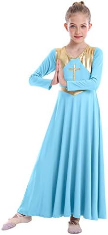 Девојки металик крст литургиски пофалби танцувачки фустан лабаво вклопуваат во целосна должина богослужба, лирска танцувачка облека за деца