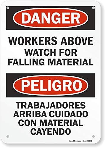 SmartSign Опасност - работници над гледање на материјал Двојазичен знак | 7 x 10 пластика