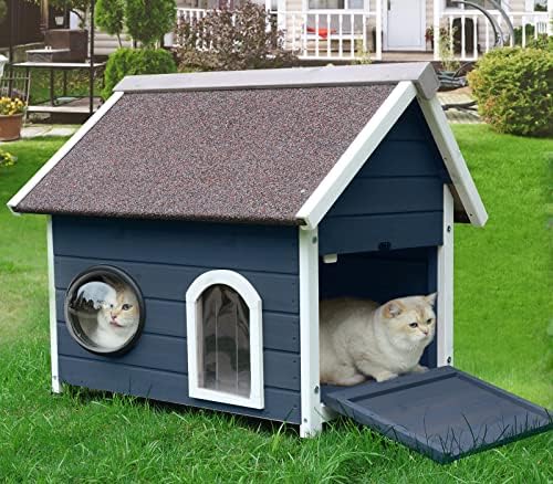 Куќа За Мачки на отворено, Куќа За Диви Мачки На Отворено Водоотпорна Со Врата за Бегство и Проѕирни Прозорци за 2 Мачки