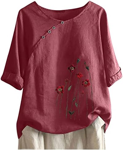Обични кошули за жени кратки 1/2 ракави екипаж вратот Спандекс постелнина цветна графичка опуштена фит блузи маички дами