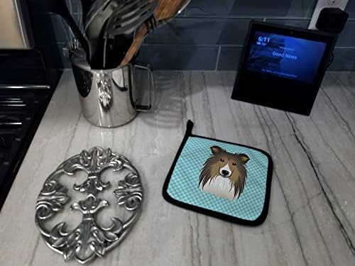 Богатства на Каролина BB1180PTHD Checkerboard Blue Sheltie Pare на држачи за тенџере, кујнски држачи за отпорни на топлина поставуваат топли влошки за готвење BBQ,