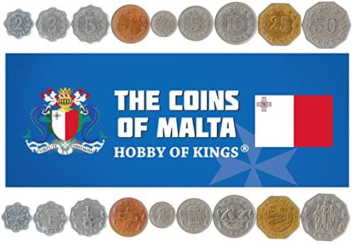 9 Монети Од Колекција На Монети Од Малта | Малта 2 3 5 Милји 1 2 5 10 25 50 Центи | Циркулирани 1972-1982 | Делфини | Пчела | Споменик