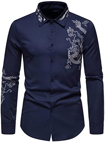 Машки кошули за фустани Кинески змеј Везење кошула Мода Туртон, Каттон-надолу со долг ракав, кардиган блуза, врвови