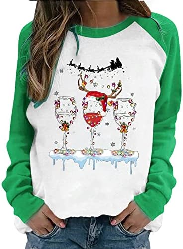 Christmasените Божиќна крпеница со долги ракави кошула симпатична смешна елска печатена пулвер црвено вино стакло графички раглан врвови