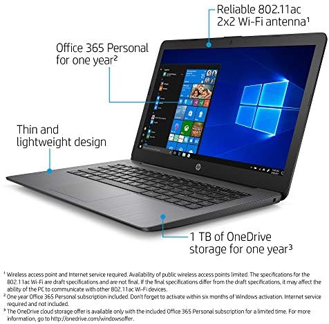 HP Stream 14-инчен Лаптоп, AMD Двојадрен А4-9120E Процесор, 4 GB SDRAM, 64 GB eMMC, Windows 10 Дома Во S Режим Со Канцеларија 365 Personal За Една Година