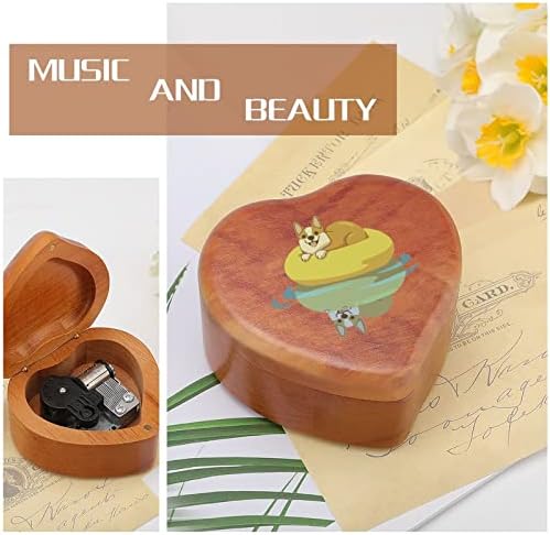 Летен Корги Гроздобер дрвена часовна музичка кутија музичка кутија во облик на срцеви подароци за семејни пријатели на lубовници