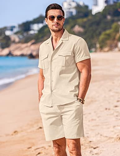 Coofandy Mani's 2 Piece Linen поставува копче за кратки ракави нагоре кошула и шорцеви летни обични плажа облеки
