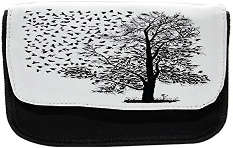 Зачудувачки случај на молив на Равен, старо дрво со стадо птици, торба со молив со ткаенини со двоен патент, 8,5 x 5,5, црно -бело