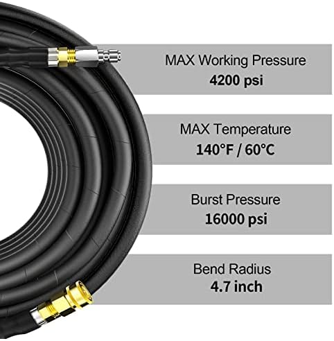 Црево за миење садови за притисок на Pohir 100ft x 1/4 инч со 3/8 ”Брзо поврзување, 4200 psi отпорна на трепет во индустријата