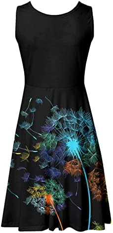 Дами фустани 2023 лето цвет сончоглед Дандалион печатење без ракави миди фустан со висока половината обичен фустан