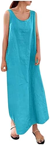 Женски обичен лабав летен летен долг фустан без ракави разделување на плажа макси фустани хавајски плажа маички фустан со џебови