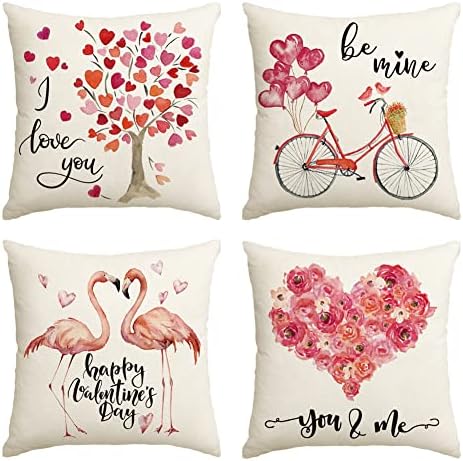 Авоин Ден на в Valentубените, акварел Фламинго, loveубов со срцев велосипед, фрлање перница, капакот на годишнината од 20 x 20 инчи, декорација