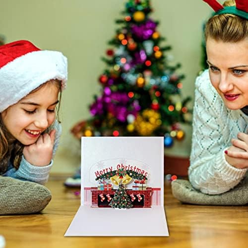 3Д елка и камин Поп -ап картичка 3Д Божиќна честитка за Божиќни празници Добра среќа наоѓајќи подобри соработници од нас