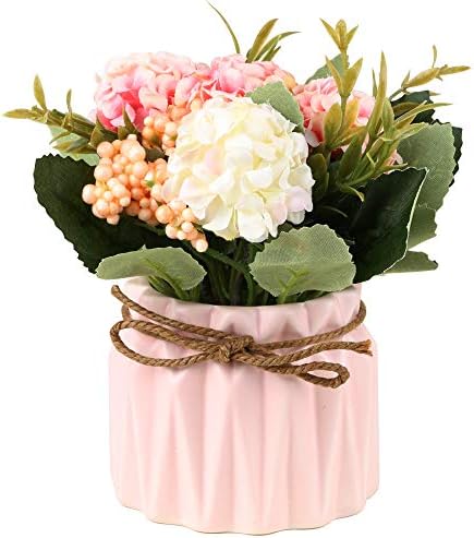 Supniu вештачки хиранганеа букет со мала керамичка вазна лажна свилена разновидност цветни топки цвеќиња за декорација за табела