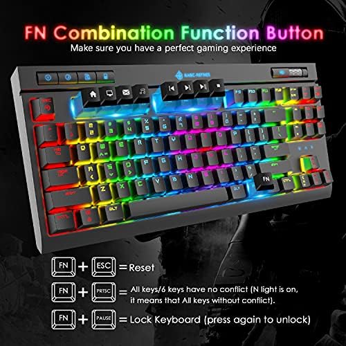 Механичка Тастатура За Игри, Chroma RGB 18 Видови LED Backlit Blue Switch Компактна Тастатура Со Жичен Тип C, 87 Копчиња Против духови,