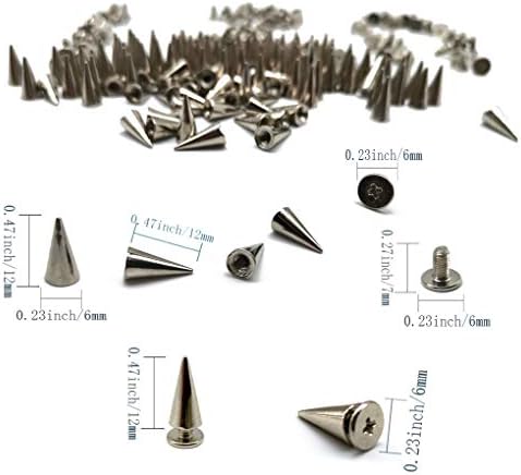 6x12mm Сребрен конус Спајки Панк -Завртки за завртки метални куршуми шила за облека DIY кожа занает, сет од 120 од Baryuefull